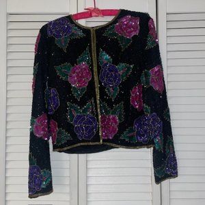 Vintage Sequin Beaded Silk Jacket M Long Sleeve
